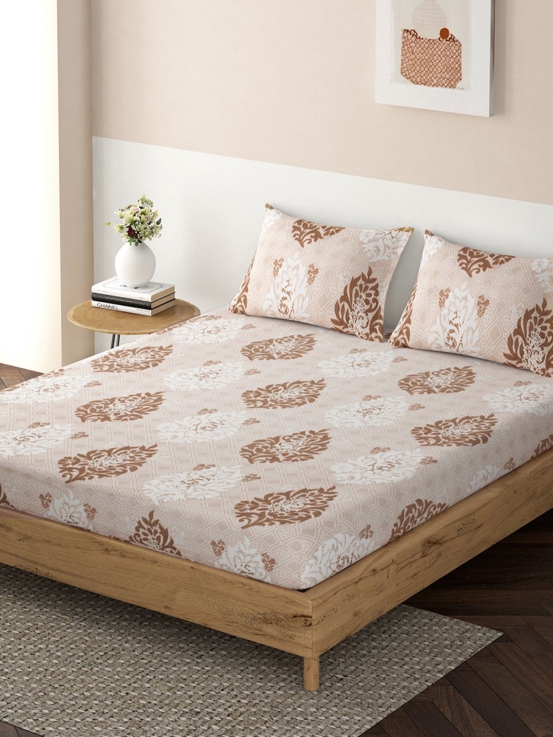 

HOKIPO Brown & White 120 TC Microfiber Single Fitted Bedsheet With Pillow Cover