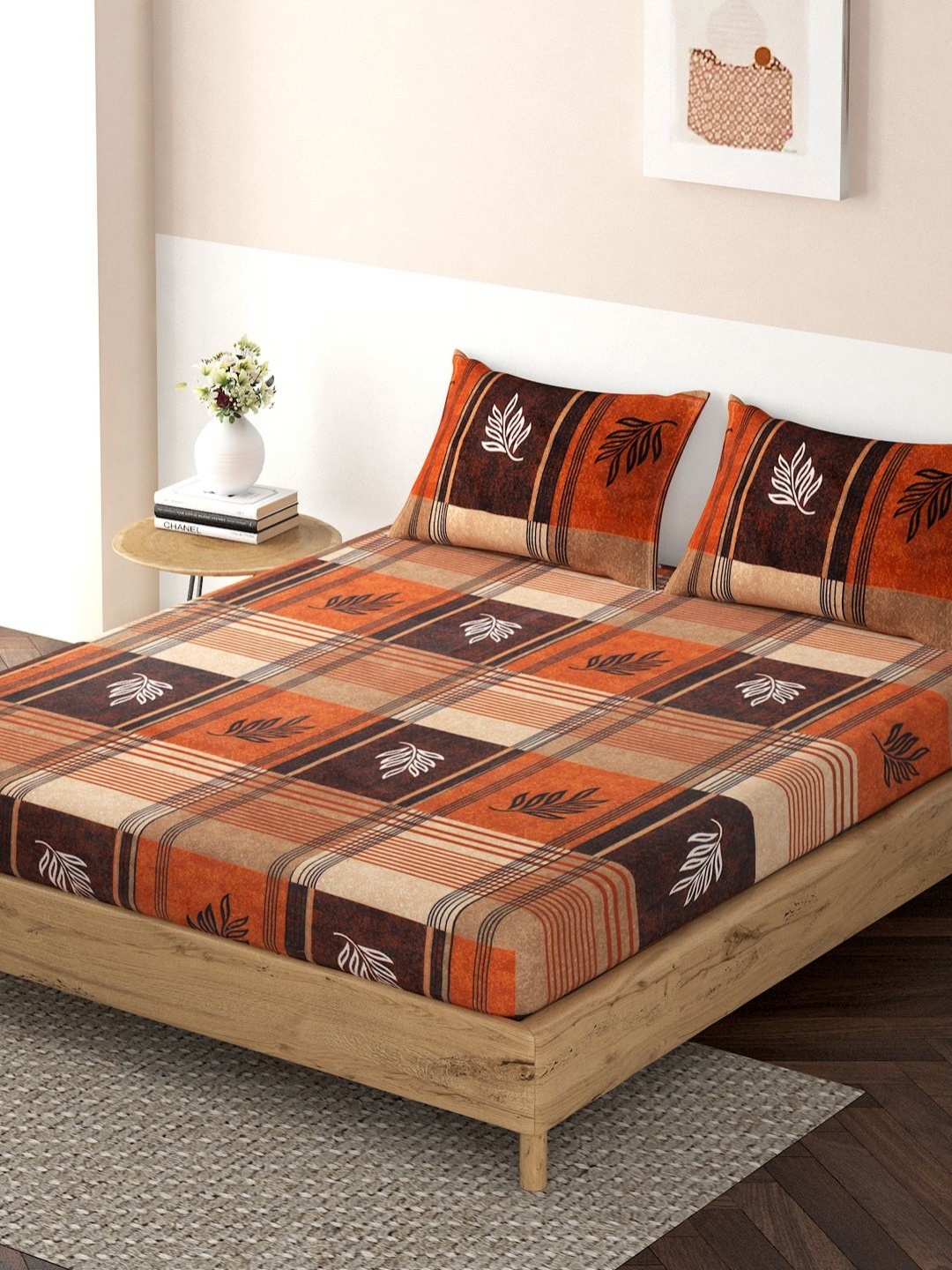 

HOKIPO Orange & Brown Geometric Fitted 120 TC Queen Bedsheet with 2 Pillow Covers
