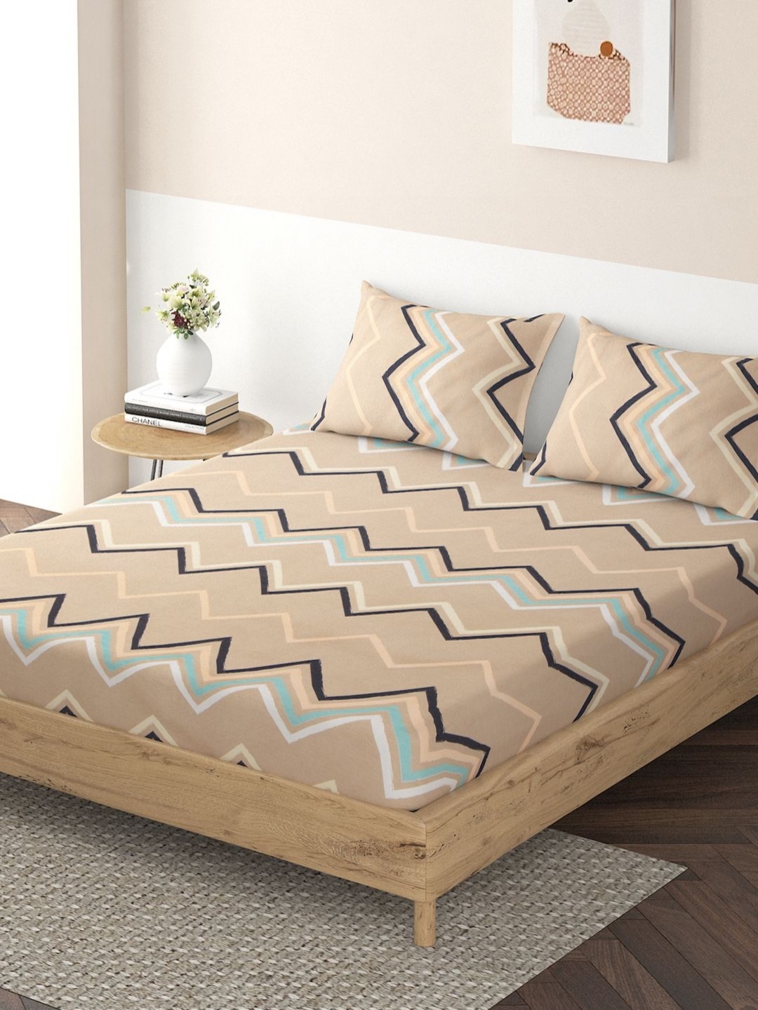

HOKIPO Brown & Black Geometric Fitted 130 TC Queen Bedsheet with 2 Pillow Covers