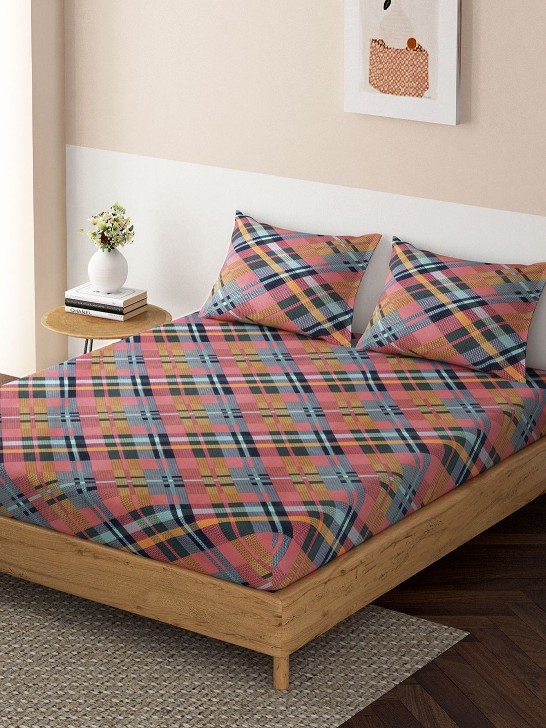 

HOKIPO Pink Geometric Printed Cotton Fitted 140 TC Queen Bedsheet With2 Pillow Covers