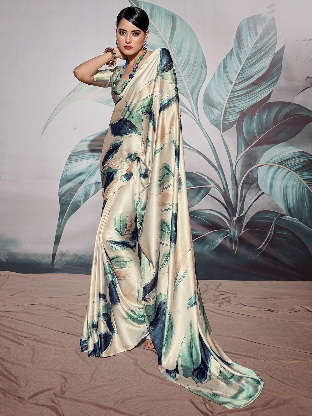

Mitera Satin Floral Saree with Blouse, Cream