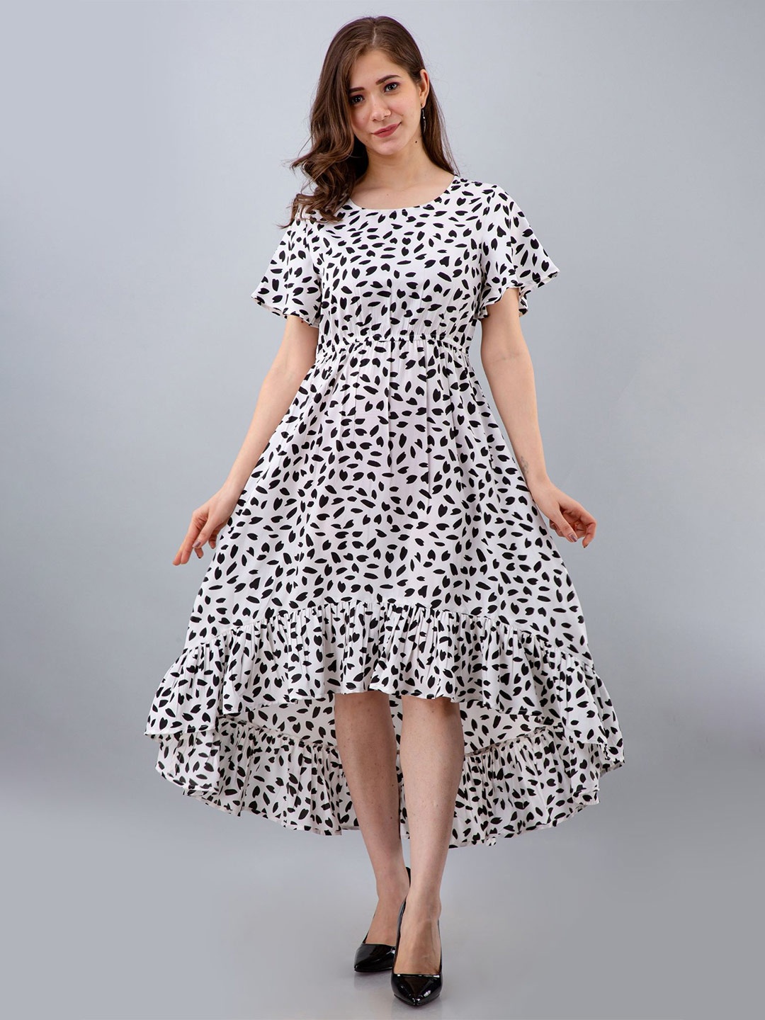 

PRETTY LOVING THING Polka Dot Print Flutter Sleeve Fit & Flare Midi Dress, White
