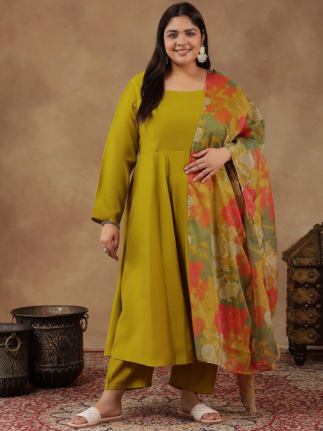 

INDDUS PLUS Round Neck Empire Anarkali Kurta With Trousers & Dupatta, Mustard