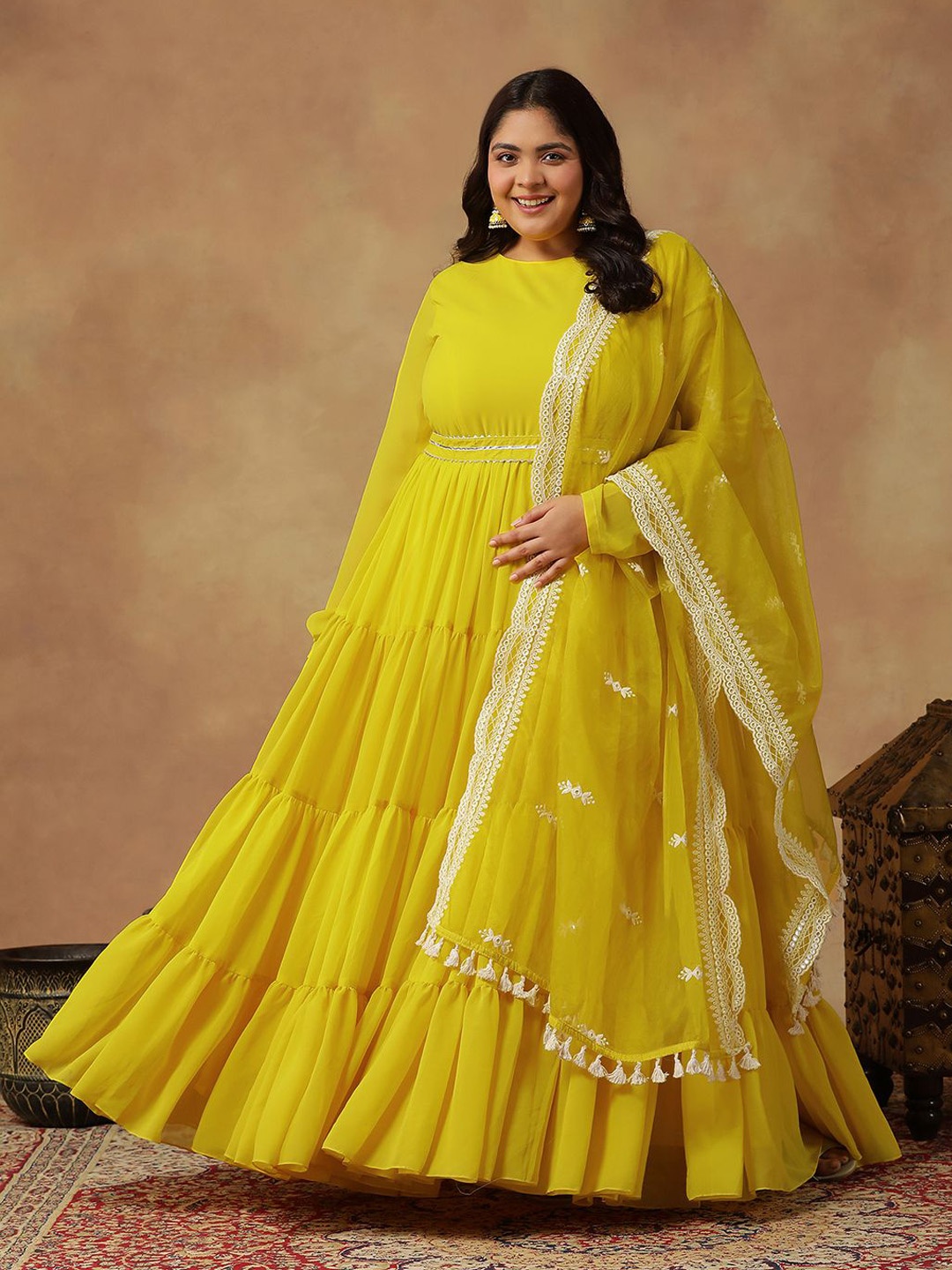 

INDDUS PLUS Plus Size Round Neck Georgette Zari Tiered Anarkali Kurta With Dupatta & Belt, Yellow