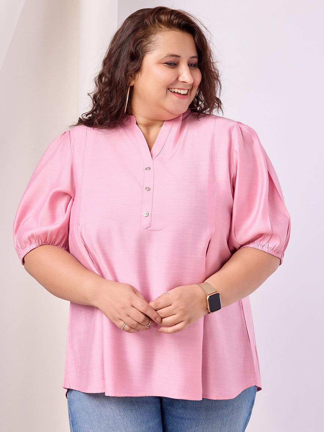 

ONRA Women Plus Size Mandarin Collar Puff Sleeve Ethnic Shirt Style Top, Pink