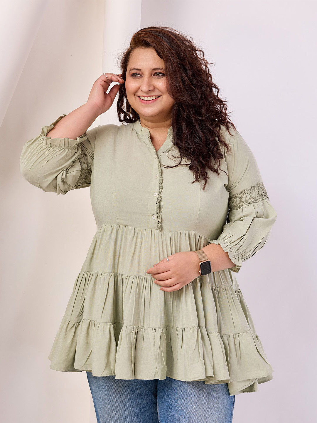 

ONRA Ruffles Ethnic Cotton Top, Green