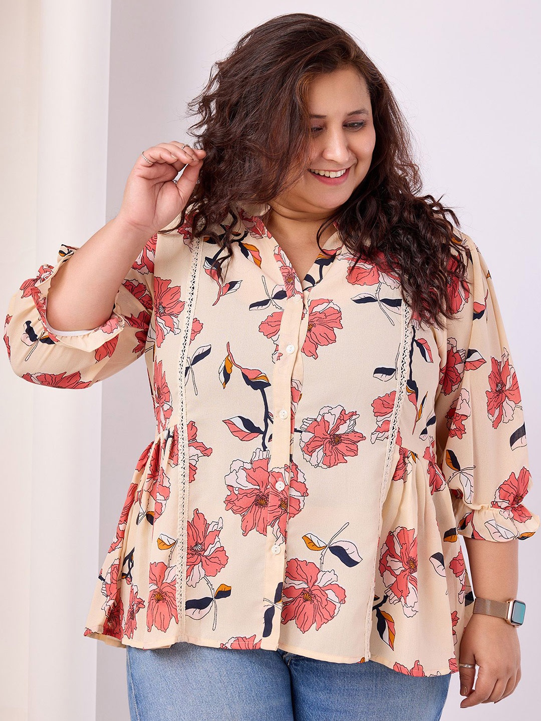 

ONRA Floral Print Tie-Up Neck Top, Cream