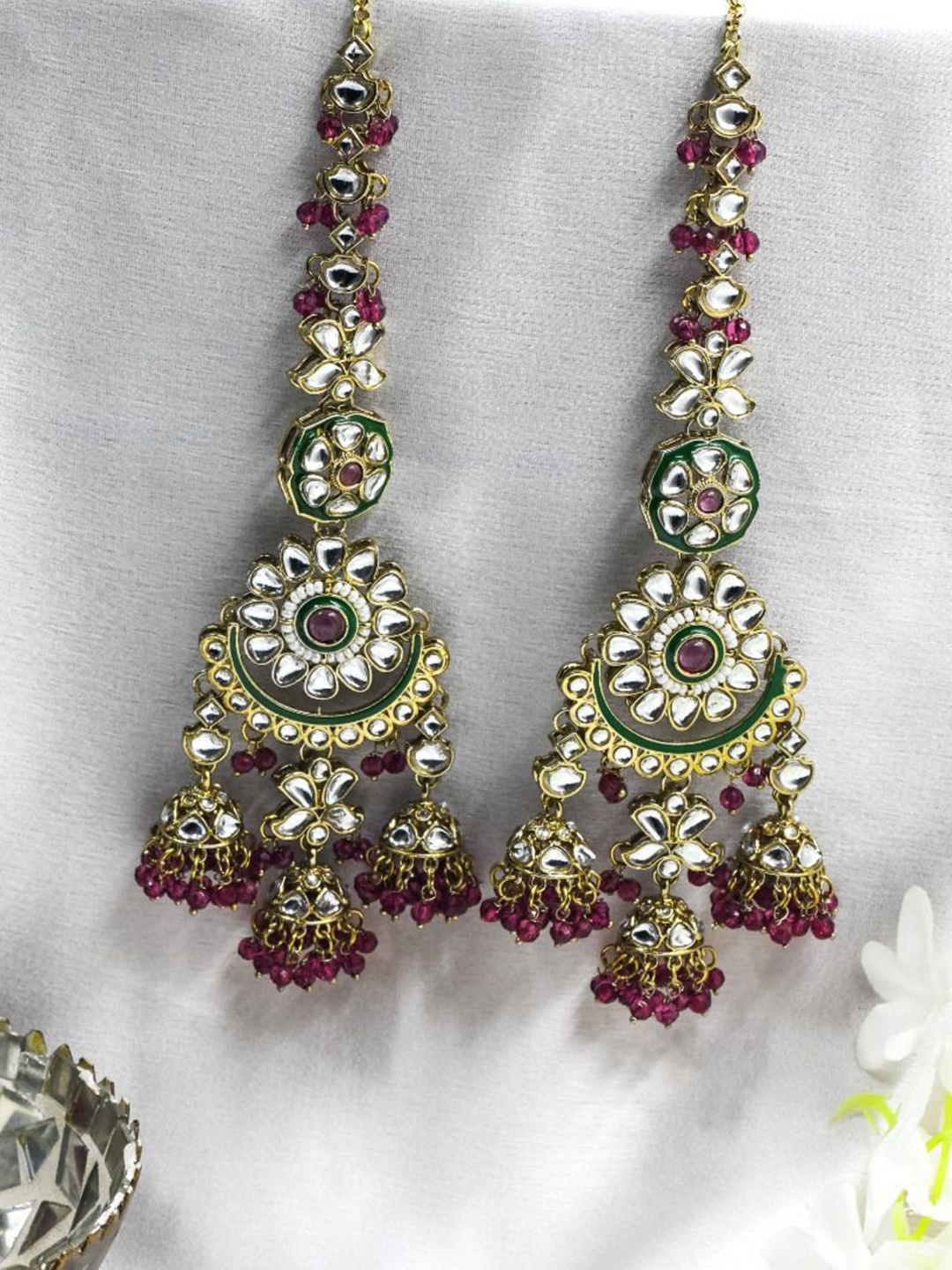 

ISHKAARA Gold Plated Kundan Studded Floral Jhumkas With Kaan Chain