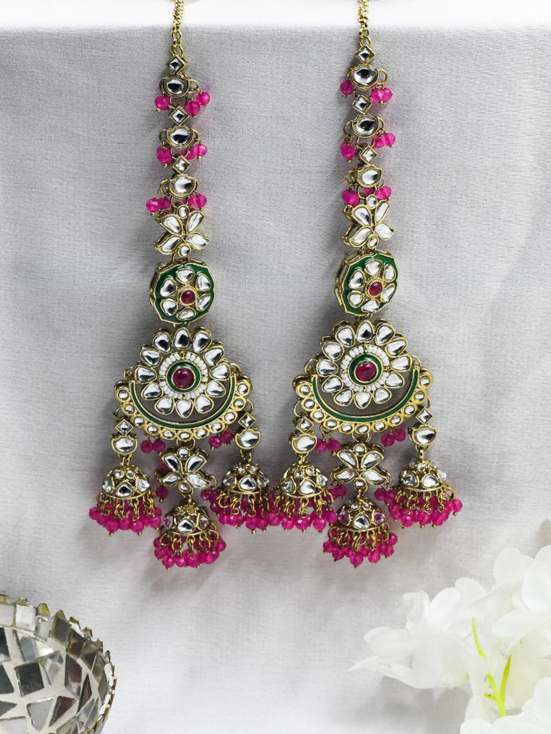 

ISHKAARA Gold-Plated Kundan Studded Contemporary Jhumkas With Kaan Chain