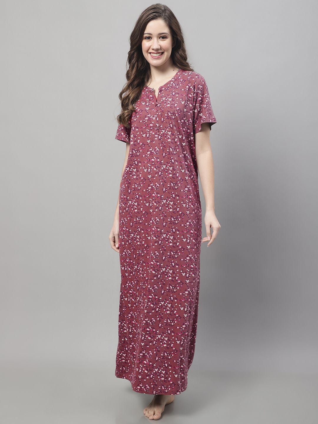 

Kanvin Floral Printed Pure Cotton Maxi Nightdress, Maroon