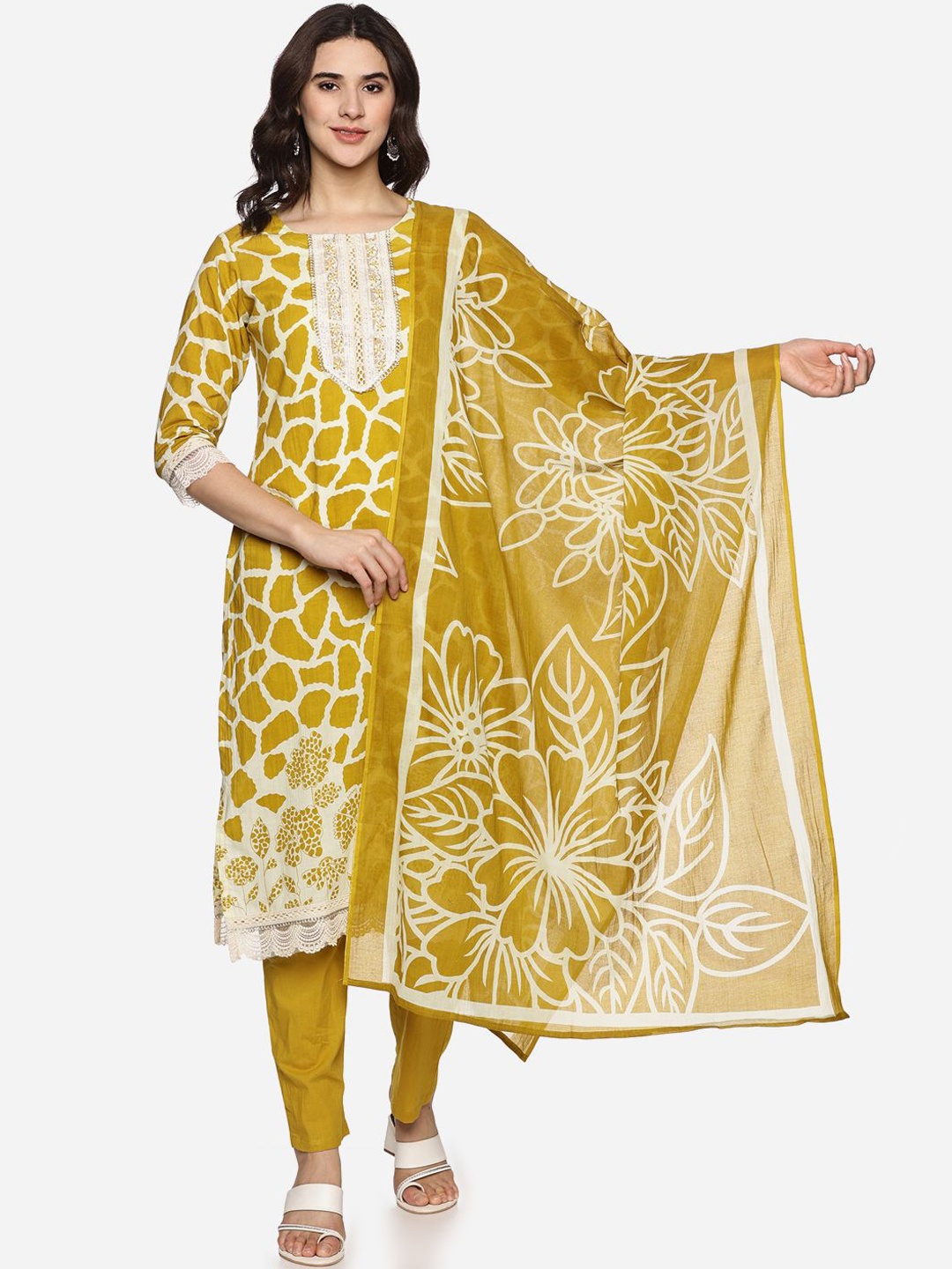 

Palakh Abstract Printed Thread Work Pure Cotton Straight Kurta With Trousers & Dupatta, Yellow