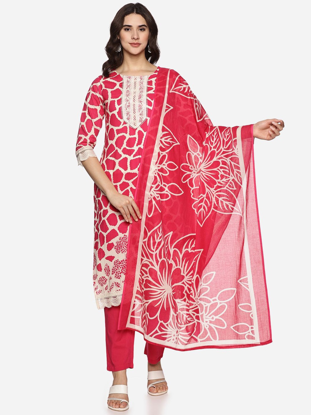 

Palakh Abstract Printed Thread Work Pure Cotton Straight Kurta With Trousers & Dupatta, Pink