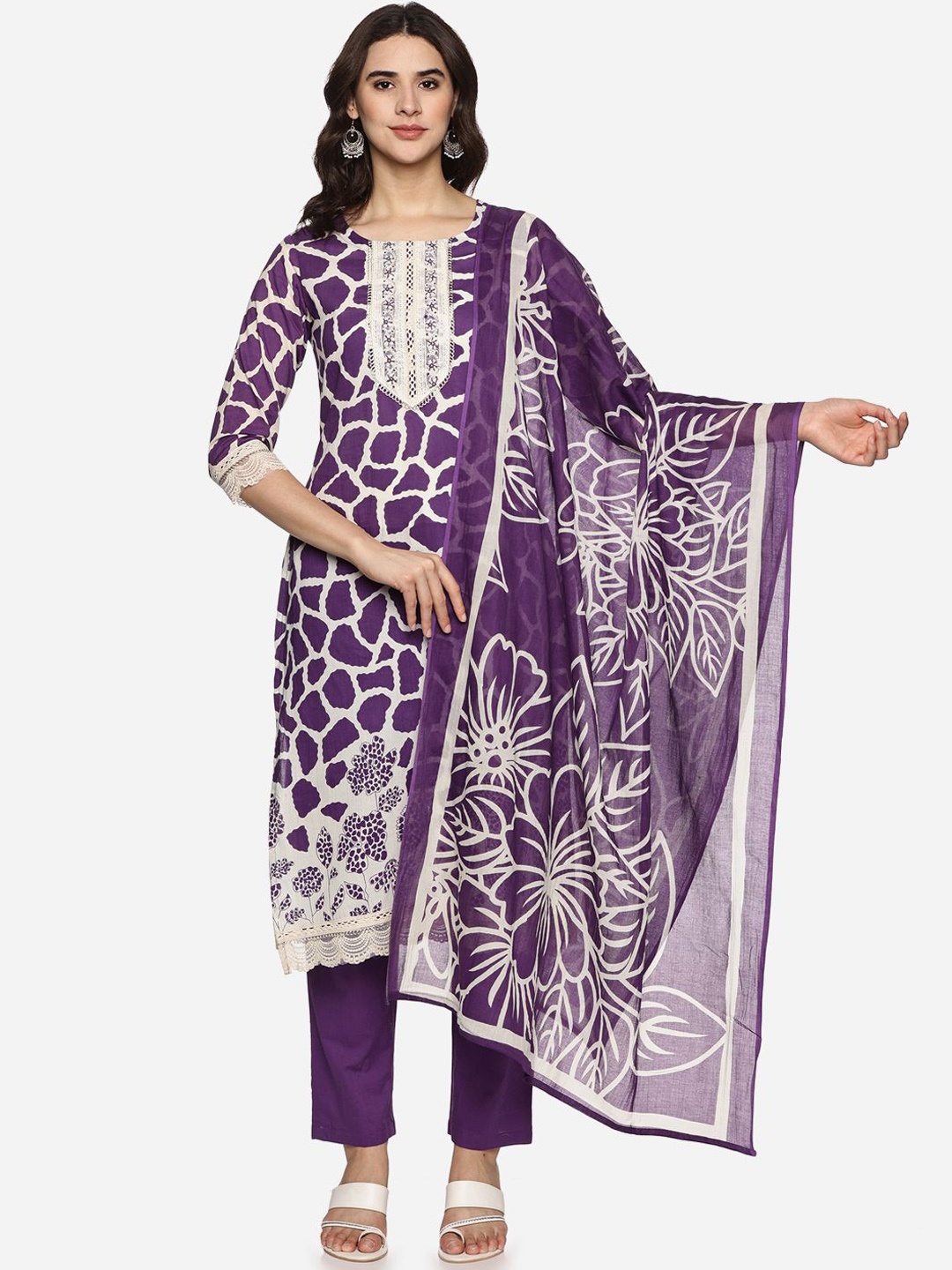 

Palakh Abstract Printed Thread Work Pure Cotton Straight Kurta With Trousers & Dupatta, Purple