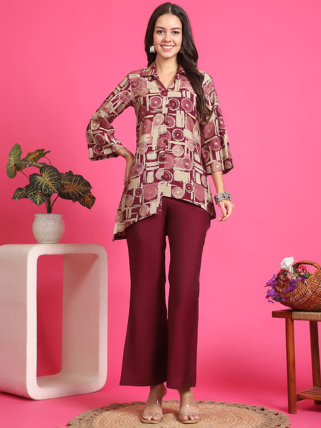 

Claura Printed Chanderi Silk Tunic & Palazzos, Burgundy