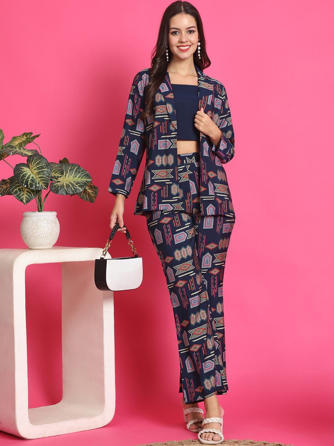 

Claura Printed Chanderi Silk Crop Top & Trousers With Jacket, Navy blue