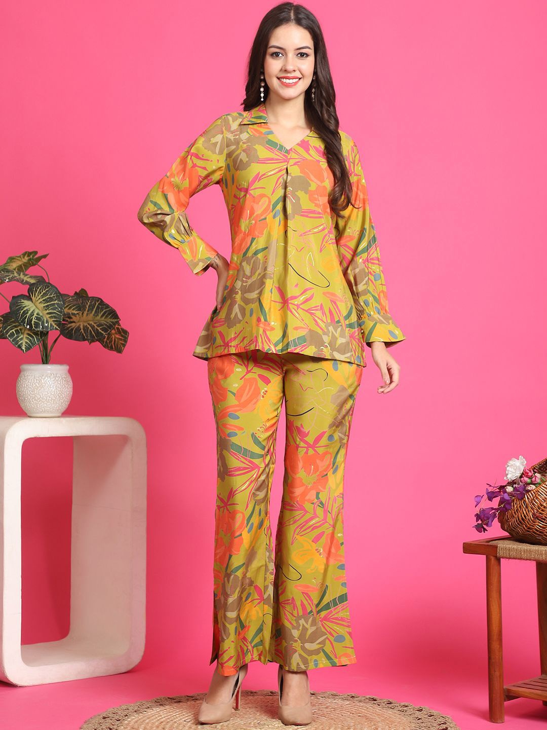 

Claura Printed Chanderi Silk Tunic & Trousers, Mustard