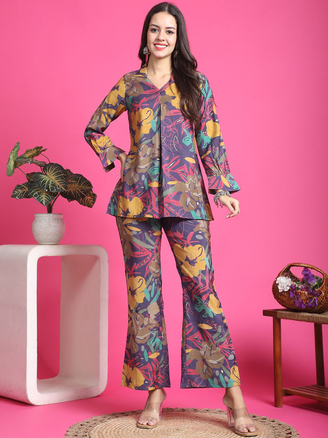 

Claura Printed Chanderi Silk Tunic & Trousers, Purple