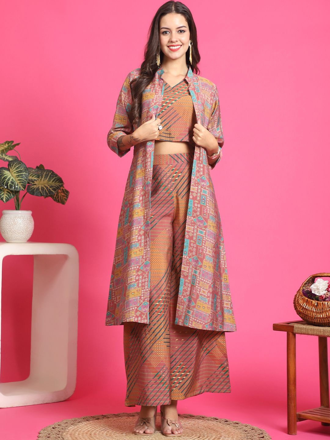 

Claura Ethnic Printed Top & Palazzos With Shrug Co-Ord, Pink