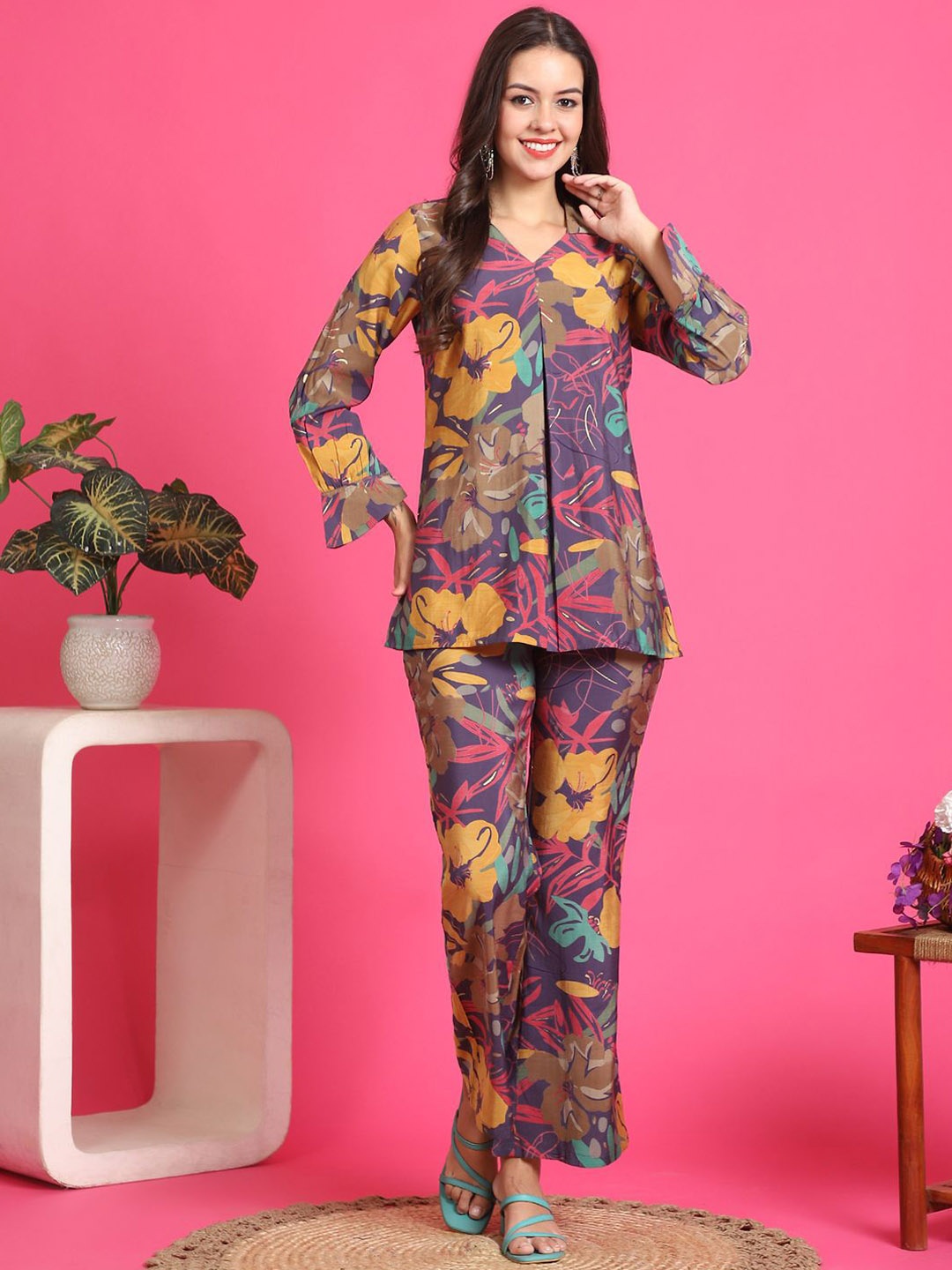 

Claura Printed Shirt Collar Tunic & Trousers, Purple