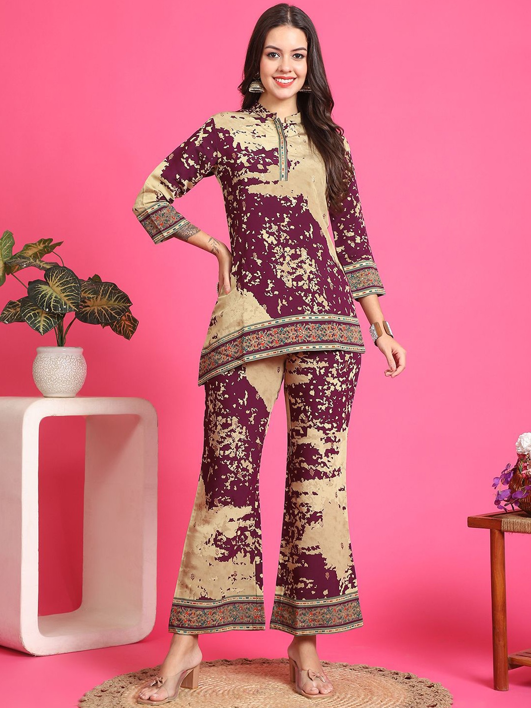 

Claura Printed Chanderi Silk Tunic & Palazzos, Purple
