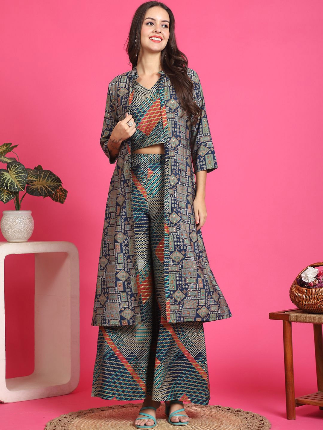 

Claura Geometric Printed Chanderi Silk Top & Palazzos with Jacket, Navy blue