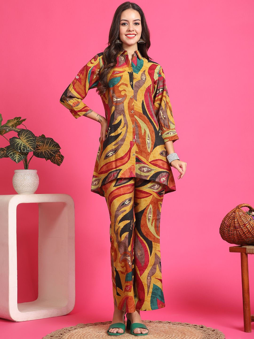 

Claura Printed Shirt Collar Tunic & Trousers, Yellow