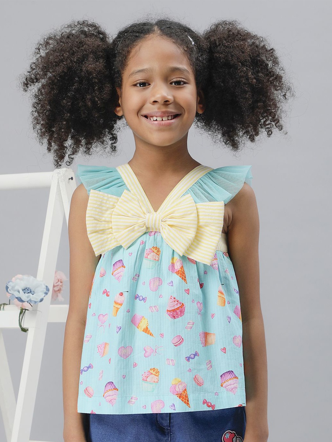 

One Friday Girls Graphic Printed Cotton V-Neck Bow Detail Top, Blue