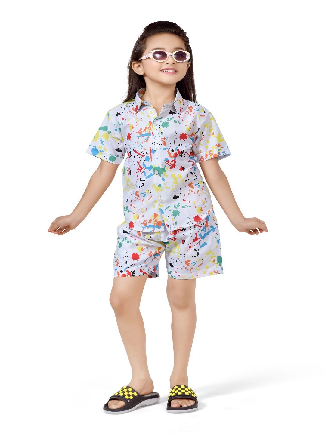 

BAESD Girls Printed Pure Cotton Shirt With Shorts, White