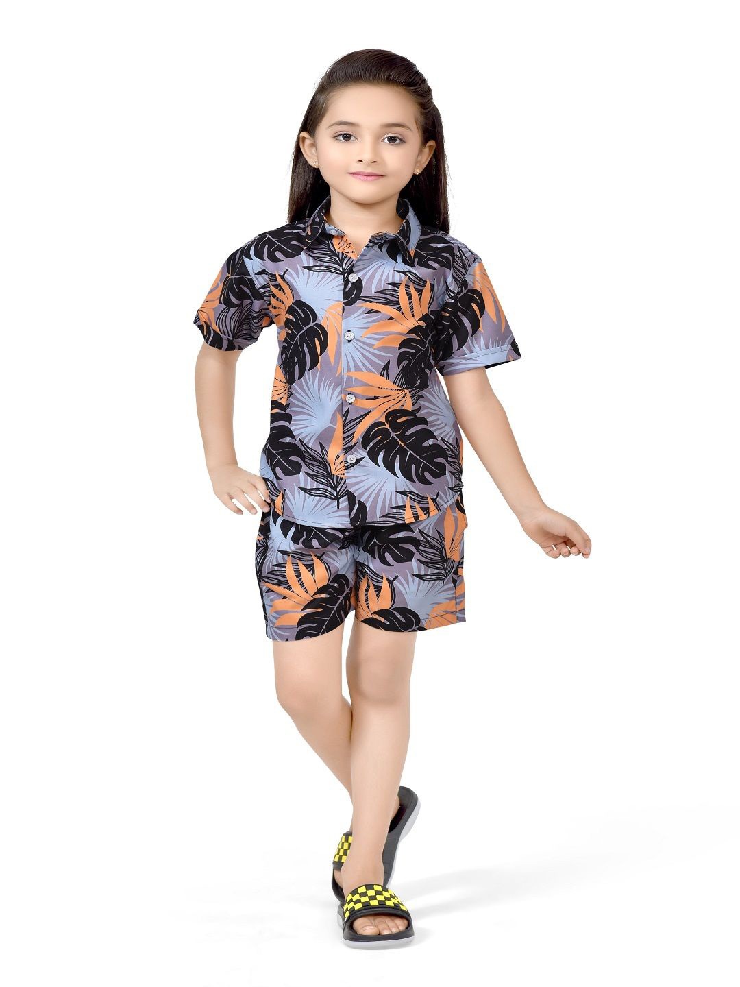 

BAESD Girls Printed Pure Cotton Shirt With Shorts, Black