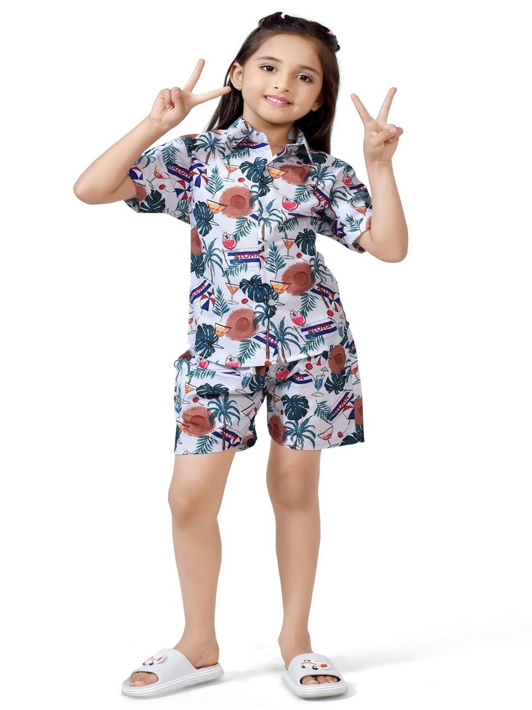 

BAESD Girls Printed Pure Cotton Shirt With Short, Blue
