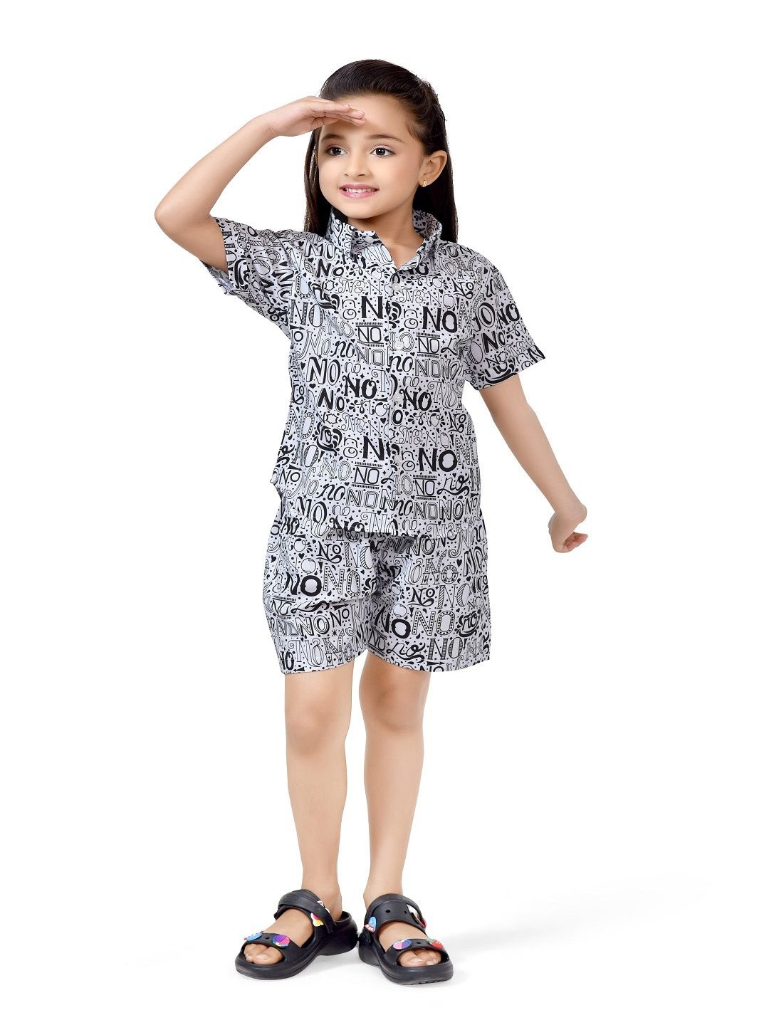 

BAESD Girls Printed Pure Cotton Shirt with Shorts, Black