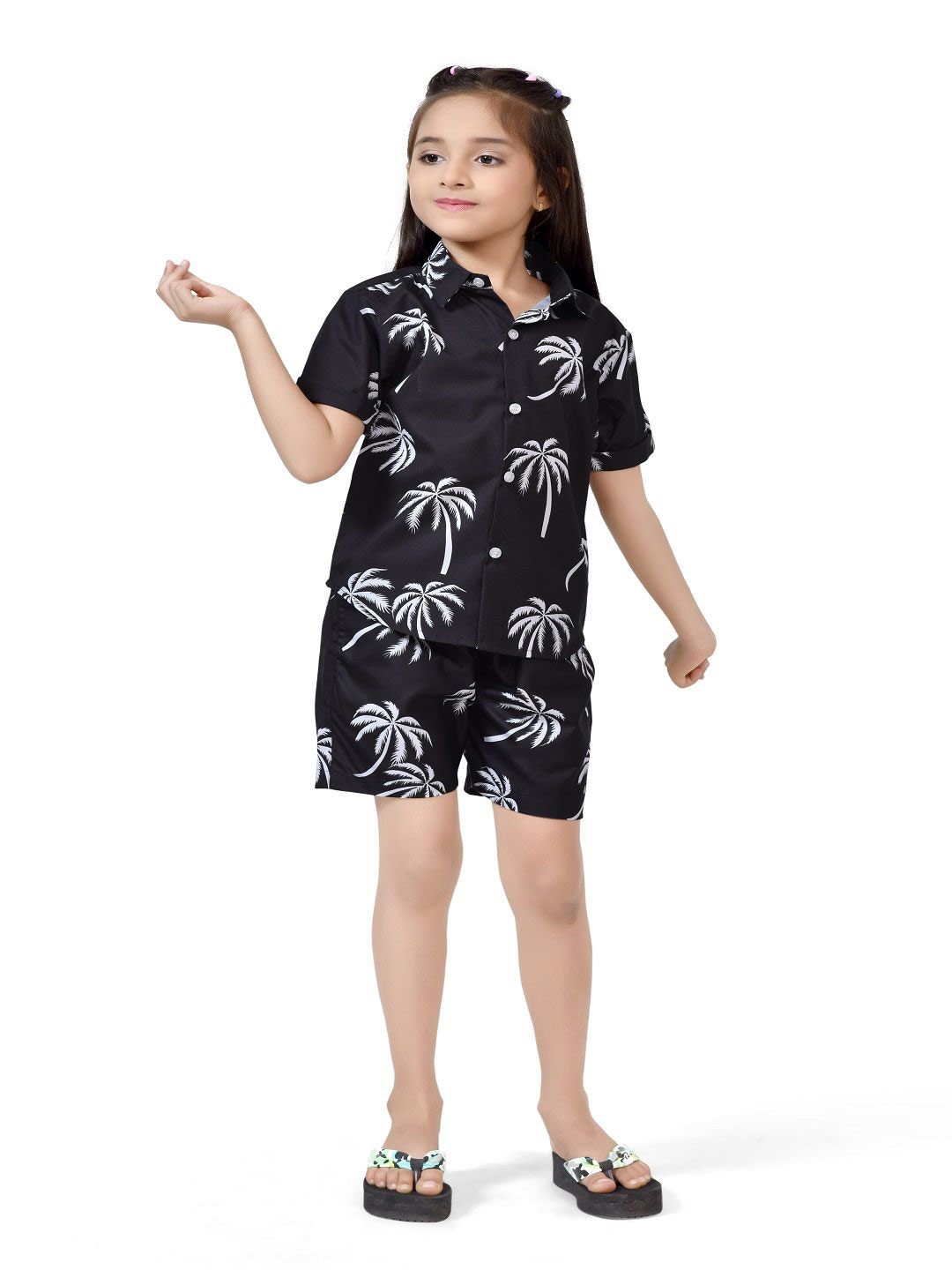 

BAESD Girls Printed Pure Cotton Shirt with Shorts, Black