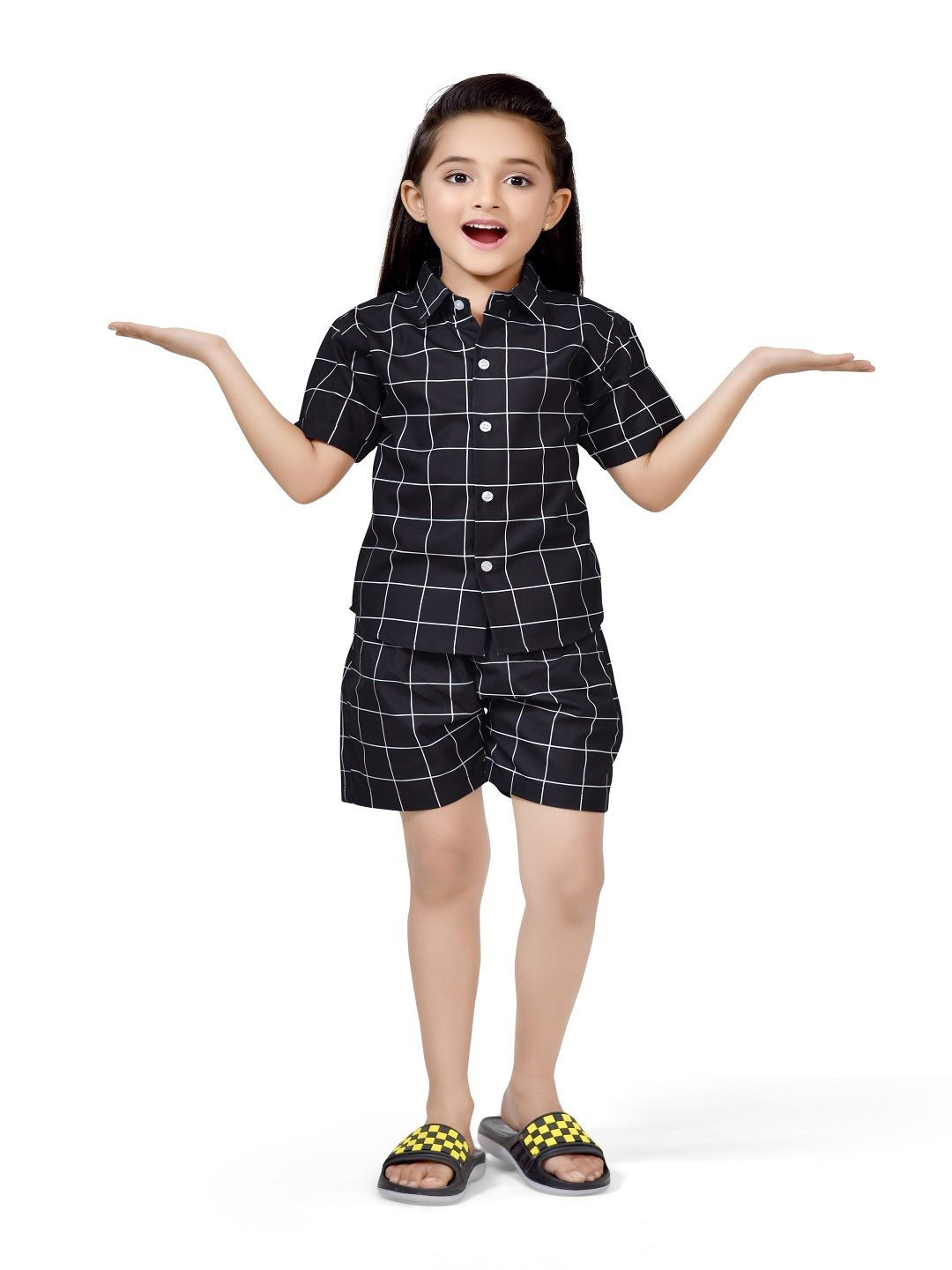 

BAESD Girls Checked Pure Cotton Shirt with Shorts, Black