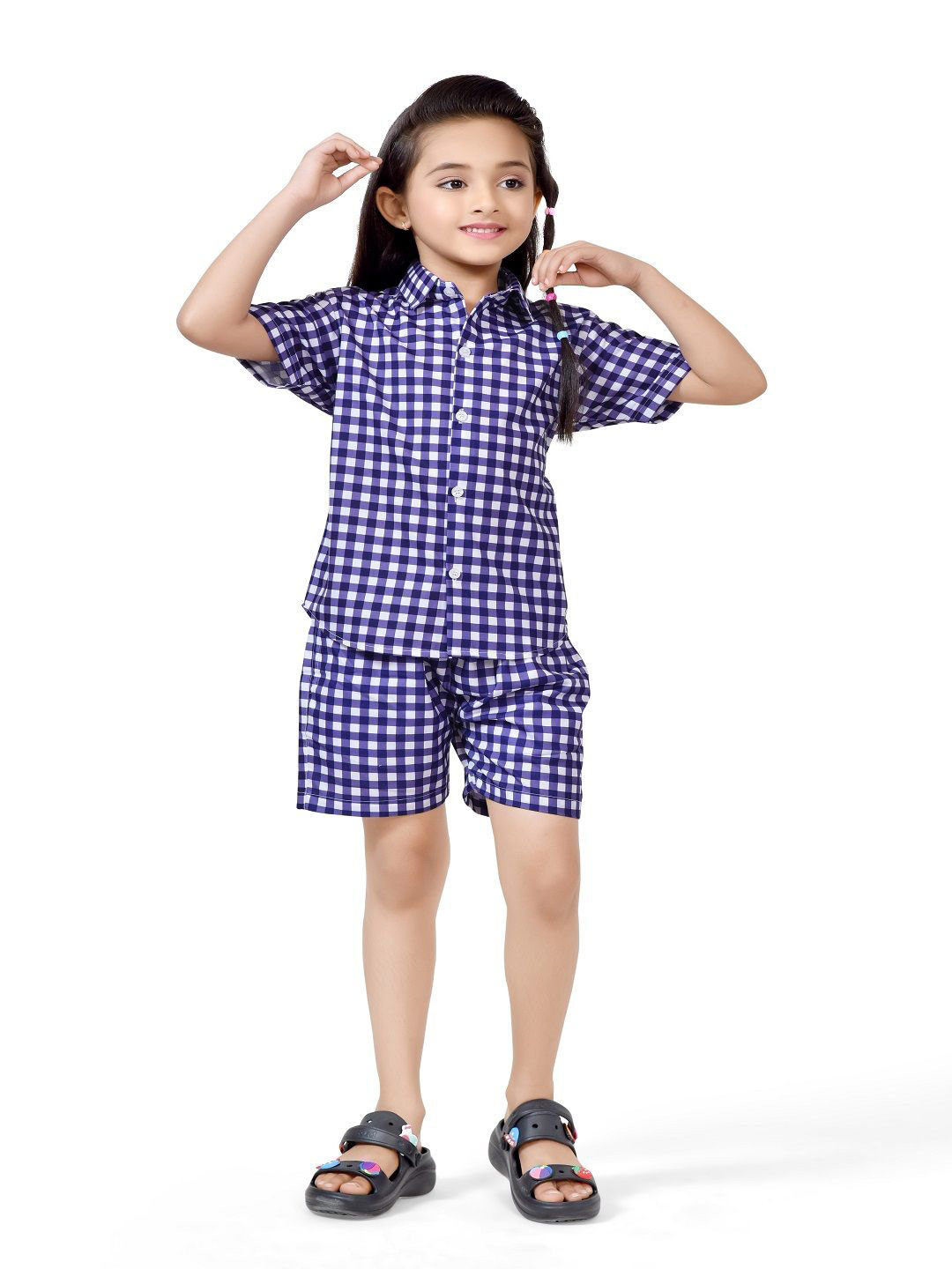 

BAESD Girls Checked Pure Cotton Shirt With Short, Blue