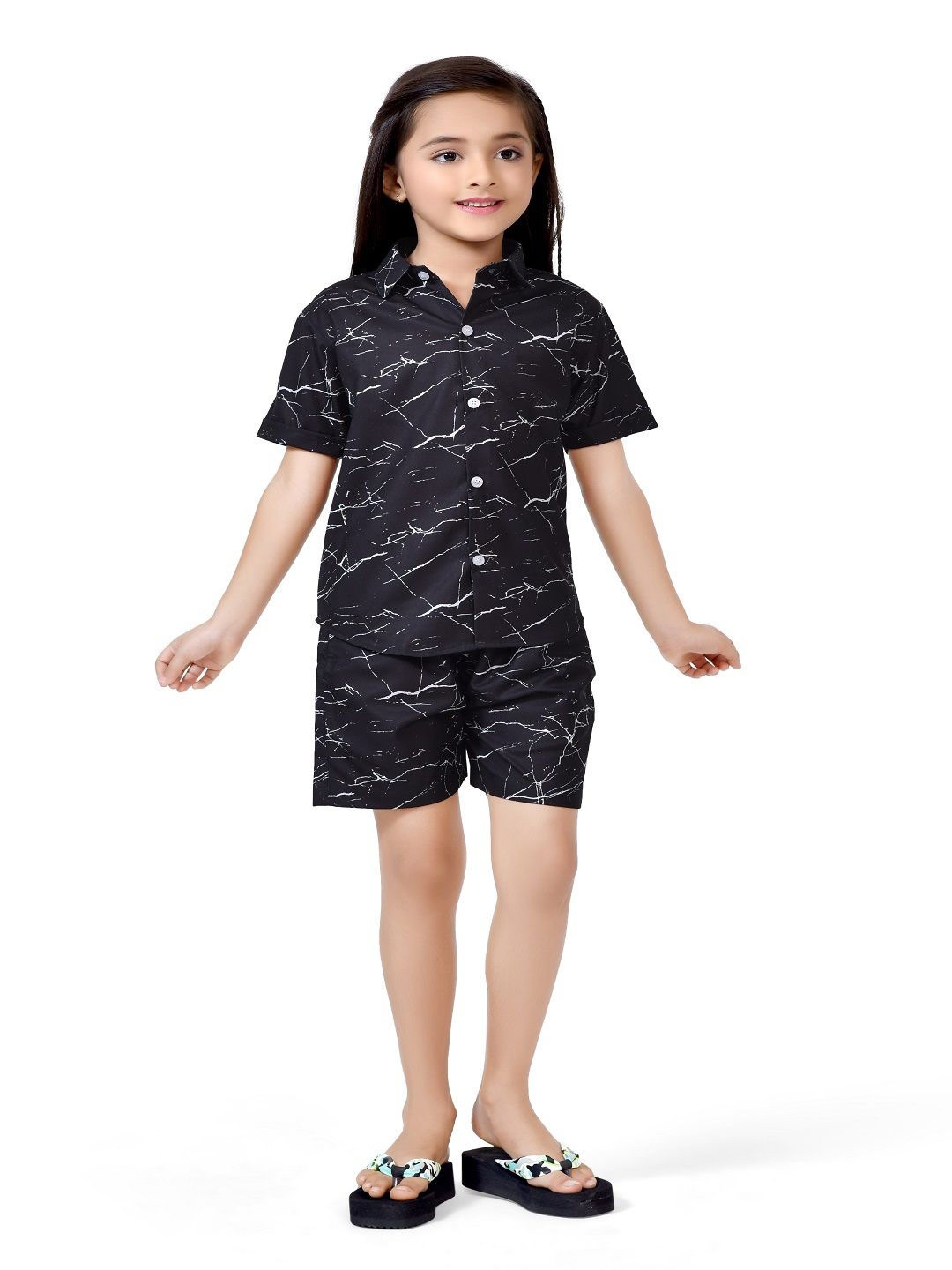 

BAESD Girls Printed Pure Cotton Shirt With Shorts, Black