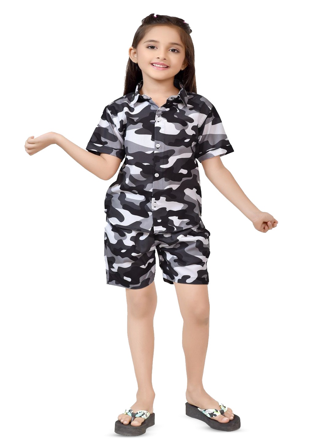 

BAESD Girls Printed Pure Cotton Shirt With Shorts, Black