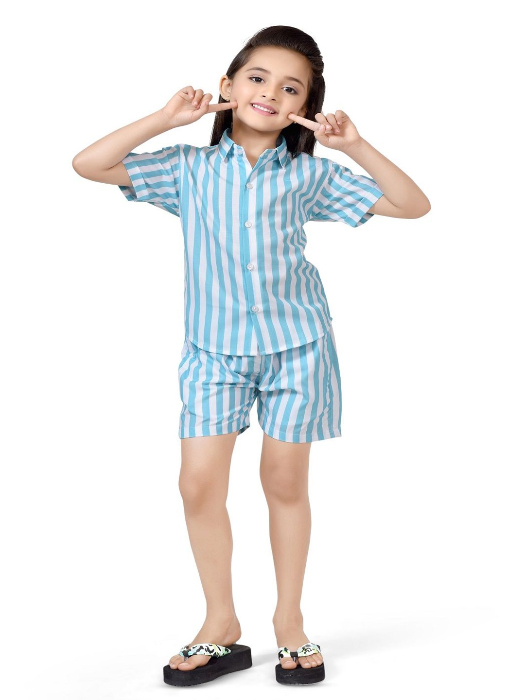 

BAESD Girls Striped Pure Cotton Shirt With Shorts, Blue