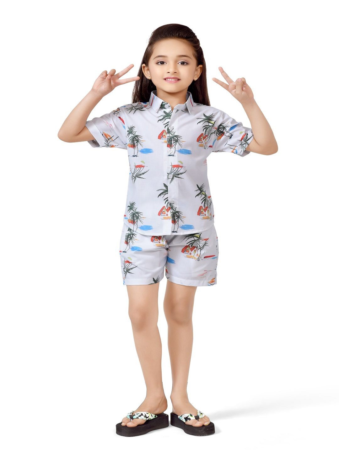 

BAESD Girls Printed Pure Cotton Shirt With Shorts, White