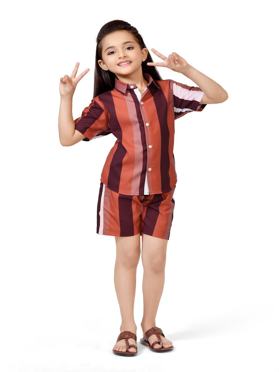 

BAESD Girls Striped Pure Cotton Shirt With Shorts, Brown