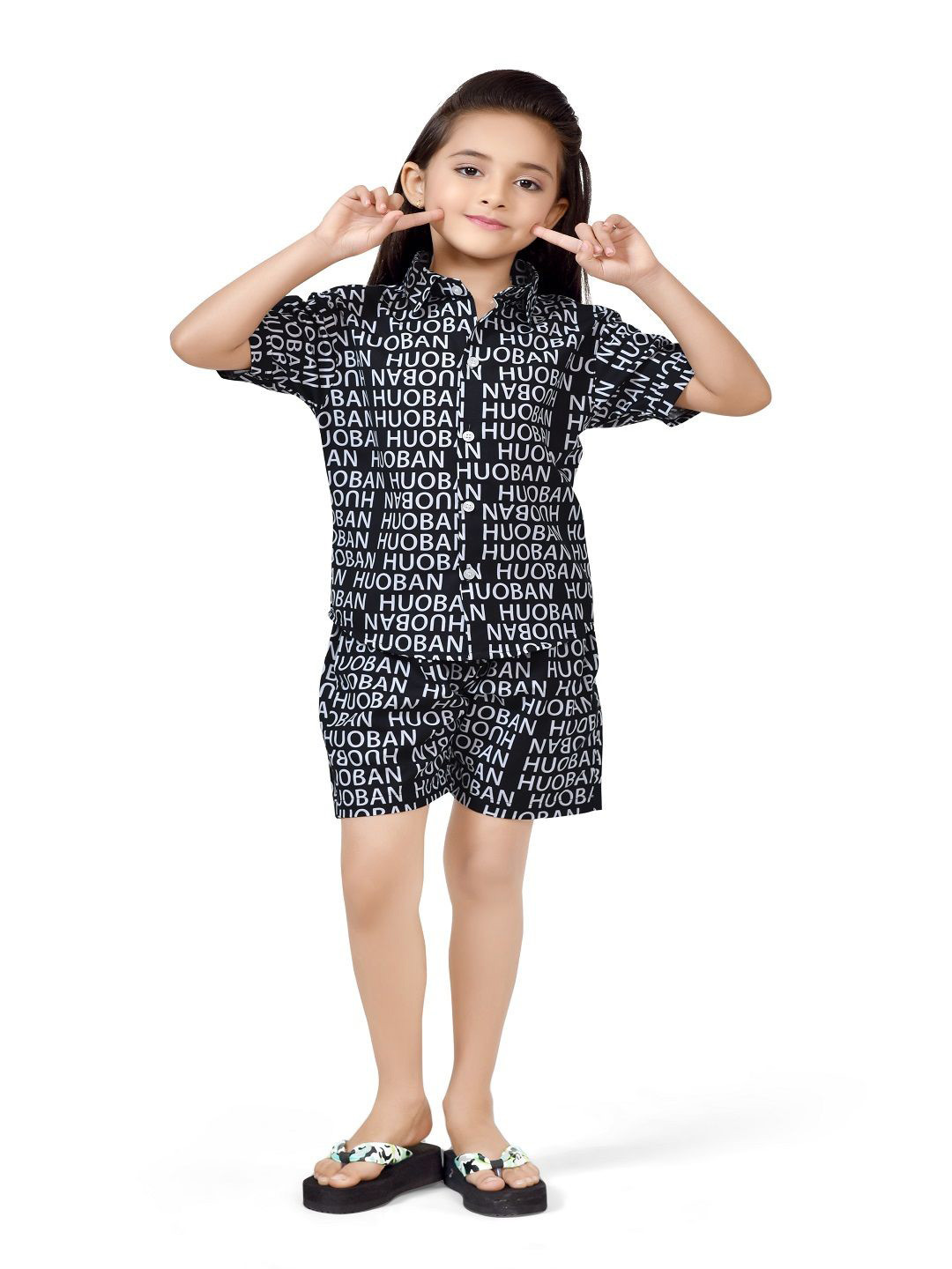 

BAESD Girls Printed Pure Cotton Shirt with Shorts, Black