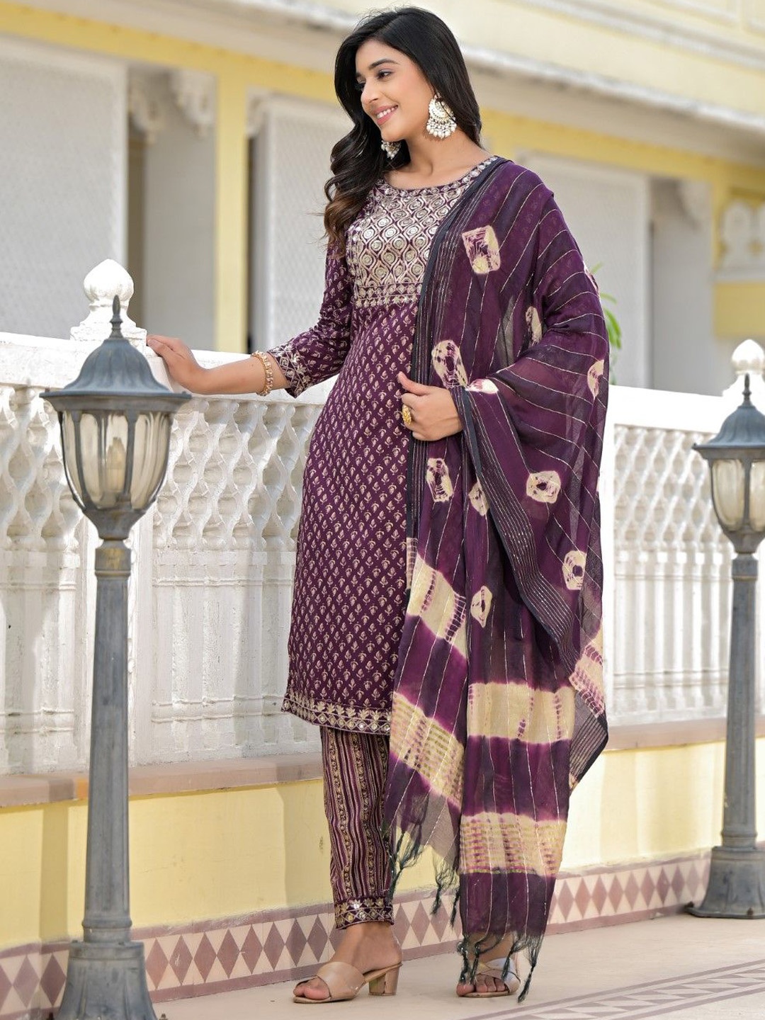 

Juniper Floral Printed Sequinned Pure Cotton Straight Kurta With Trouser & Dupatta, Maroon