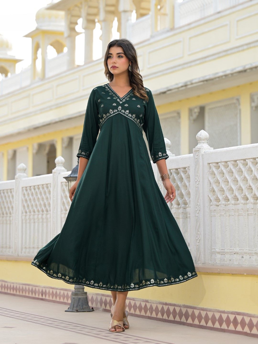 

Juniper Women V-neck Embroidered Empire Ethnic Dress, Green