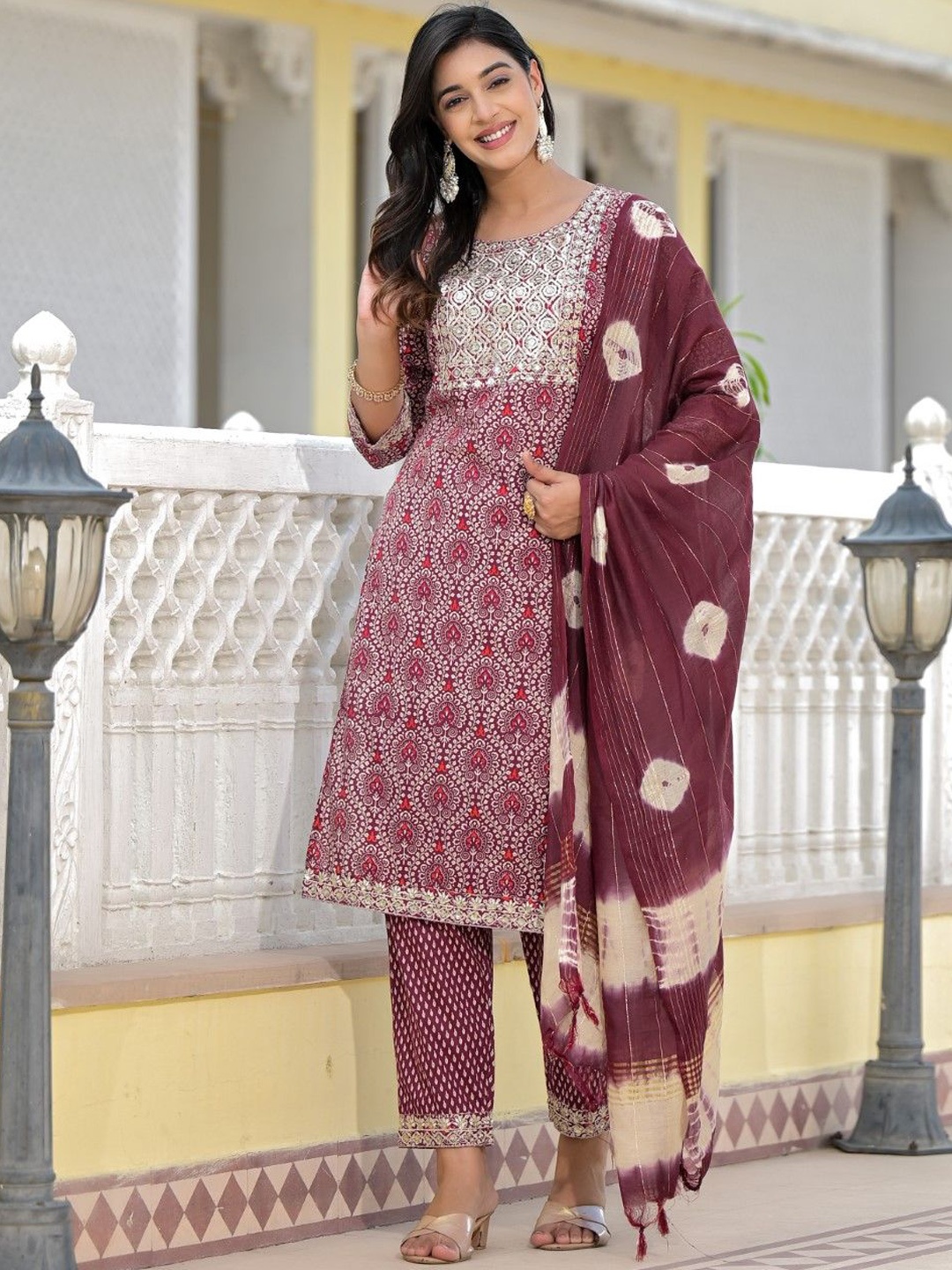 

Juniper Floral Printed Sequinned Pure Cotton Straight Kurta With Trouser & Dupatta, Maroon