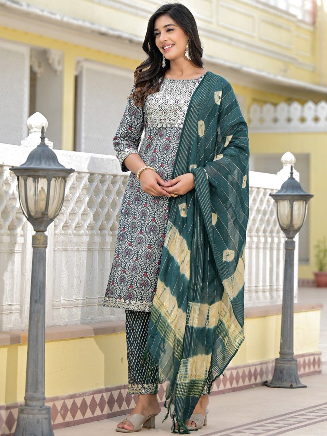 

Juniper Floral Printed Sequinned Pure Cotton Straight Kurta With Trouser & Dupatta, Teal