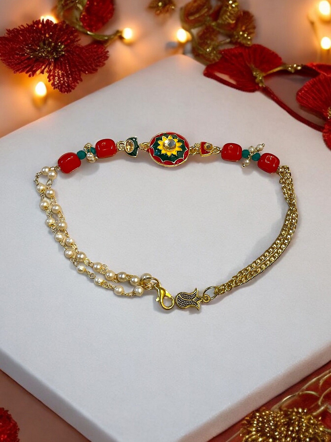 

ISHKAARA Meenakari Kundan Studded & Beaded Bracelet Rakhi, Gold