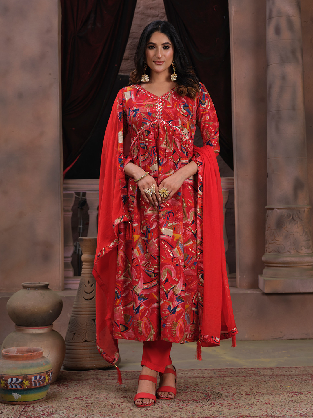 

Rujave Abstract Printed Mirror Work V-Neck Straight Kurta With Trousers & Dupatta, Red