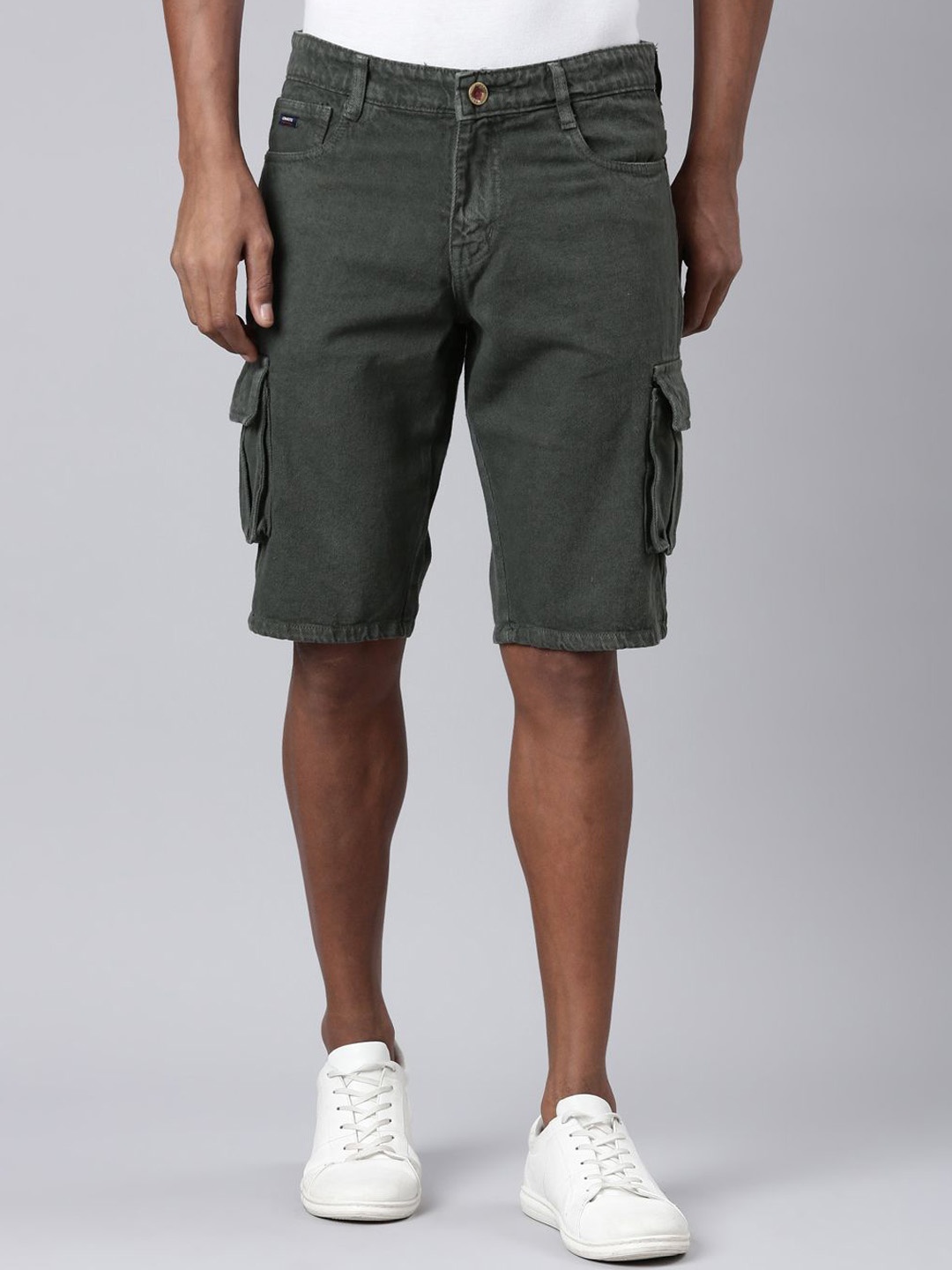 

CINOCCI Men Denim Knee Length Mid-Rise Cargo Shorts, Olive