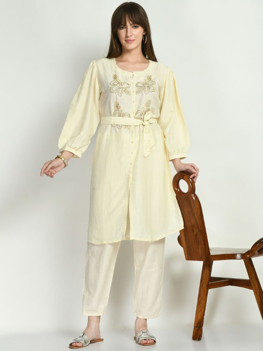 

Navvi Floral Embroidered Round Neck Pure Cotton Top With Trousers, Cream