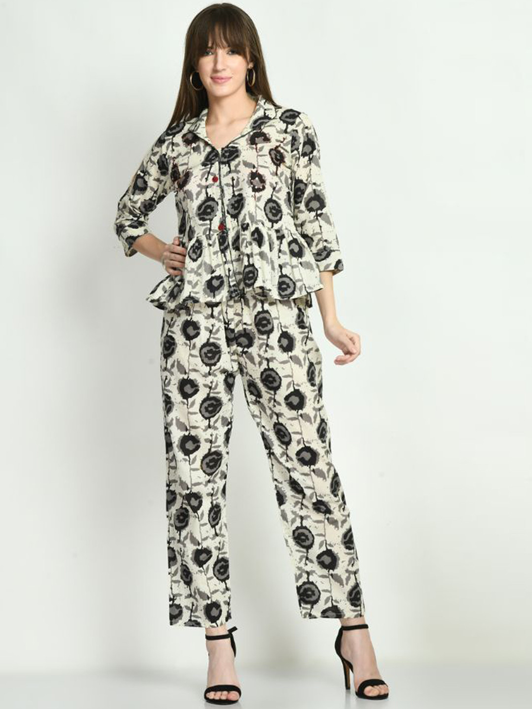 

Navvi Printed Pure Cotton Shirt With Trousers, Off white