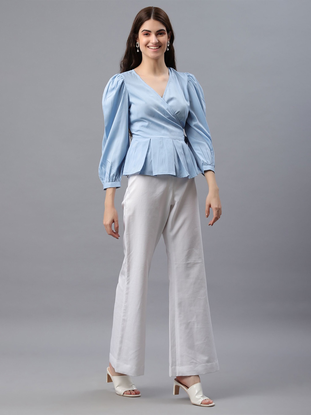 

PRETTY LOVING THING Puff Sleeve Crepe Top, Blue